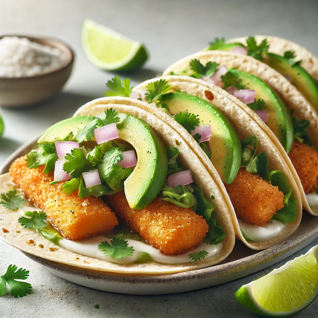 Ropogós bundázott hallal, avokádóval és korianderrel töltött autentikus mexikói taco