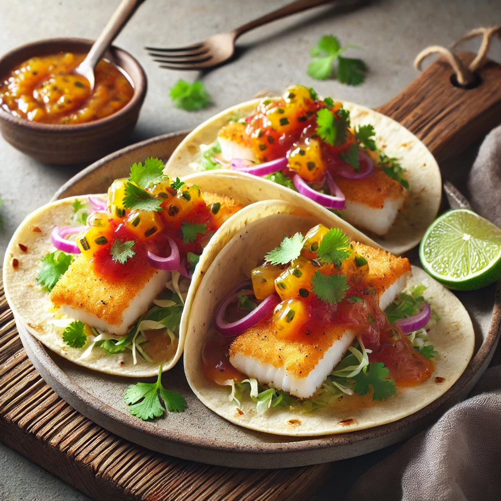 Mexikói halas tacos friss passiógyümölcs szósszal