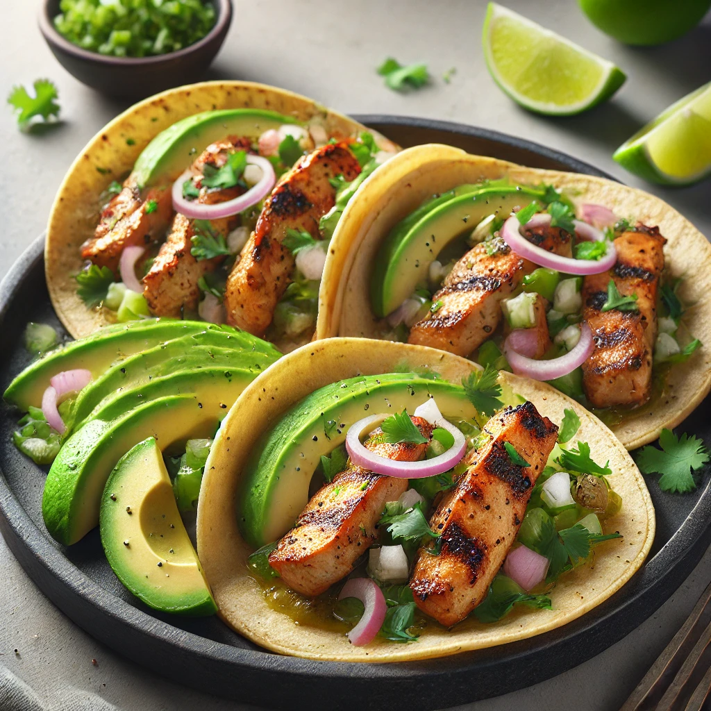 Grillezett csirkével, avokádóval és korianderrel töltött autentikus mexikói taco