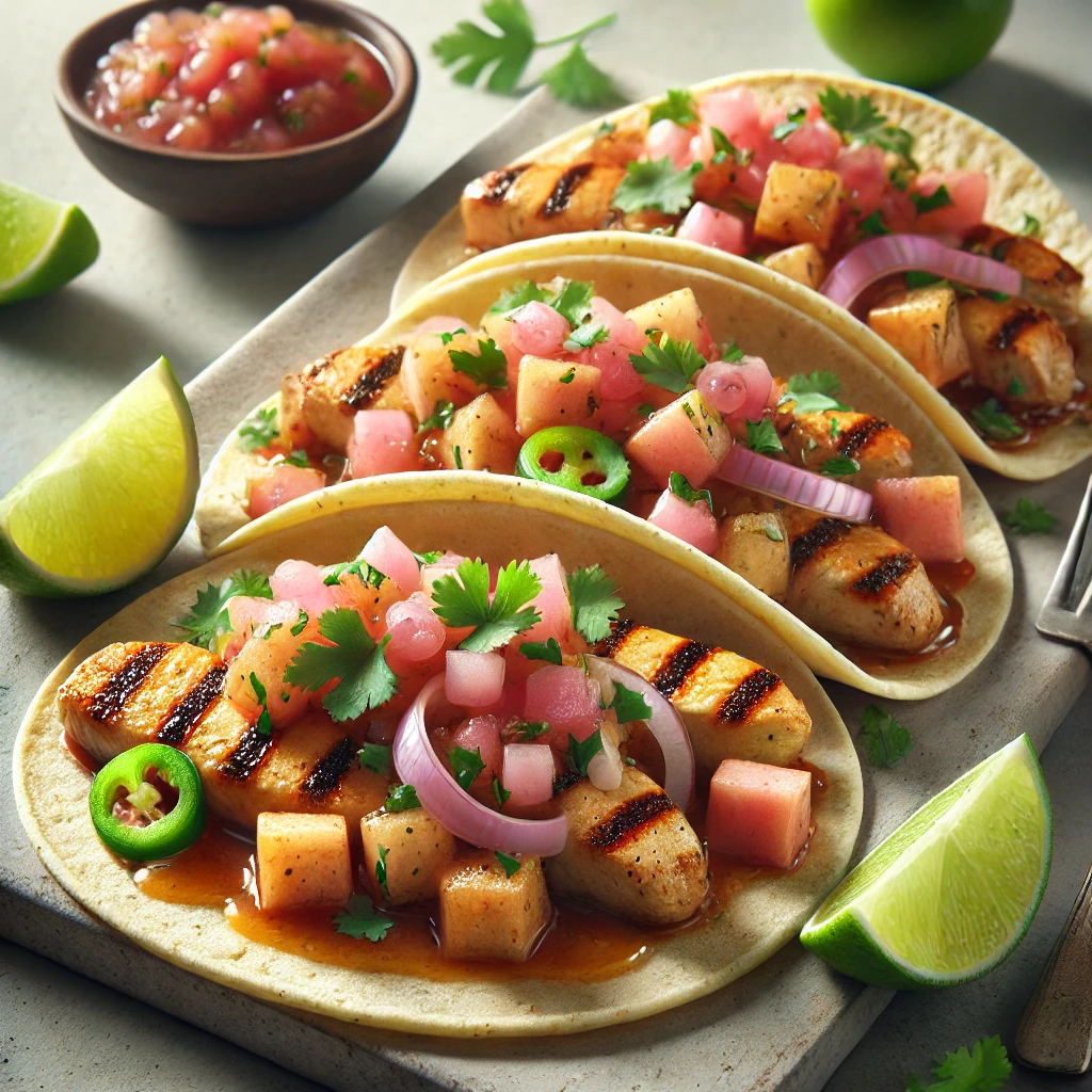 Grillezett csirkével és friss guavás salsával töltött autentikus mexikói taco