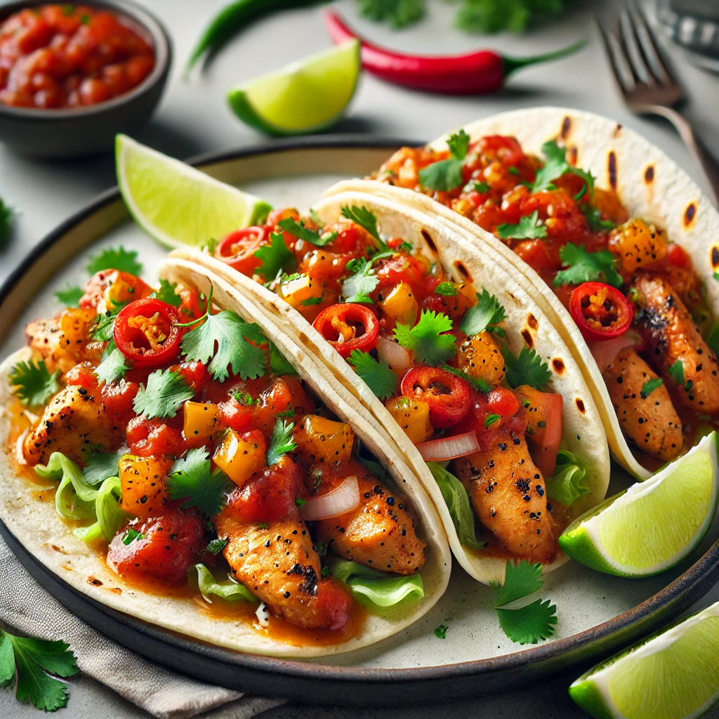 Grillezett csirkével és pikáns habanero szósszal töltött autentikus mexikói taco