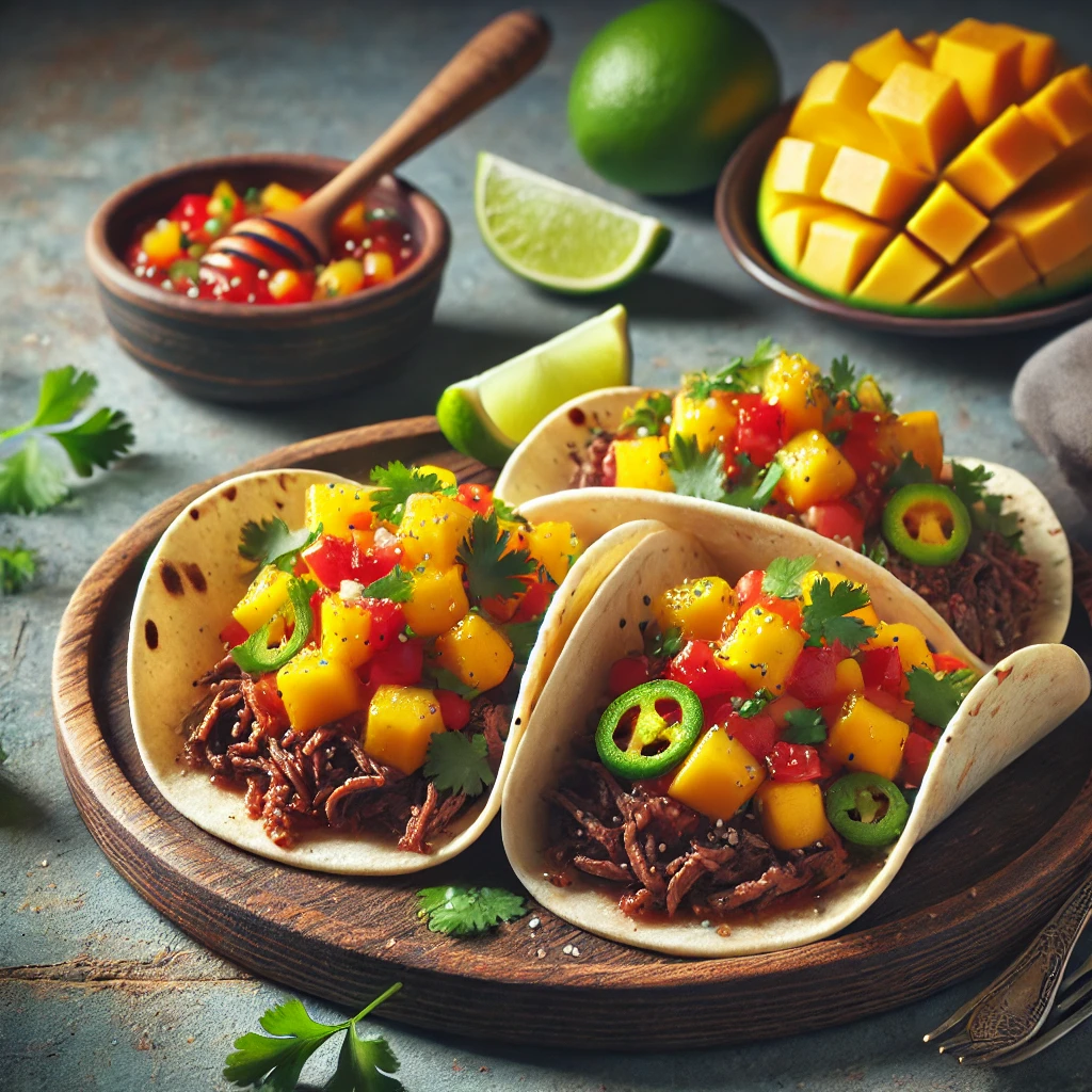 Autentikus tacos omlós marhahússal és gyümölcsös mangós salsával