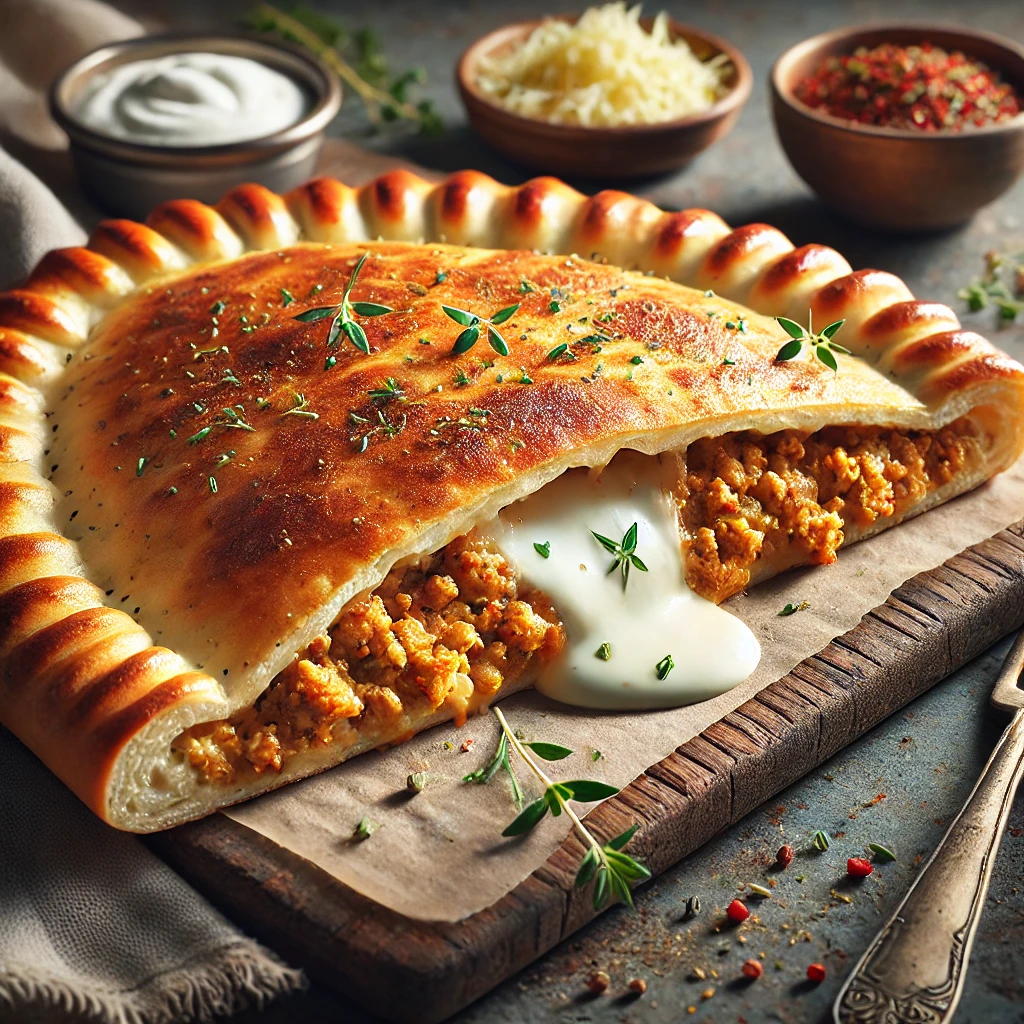 Krémes tejfölös, tárkonyos és sertéshúsos töltelékkel készült calzone