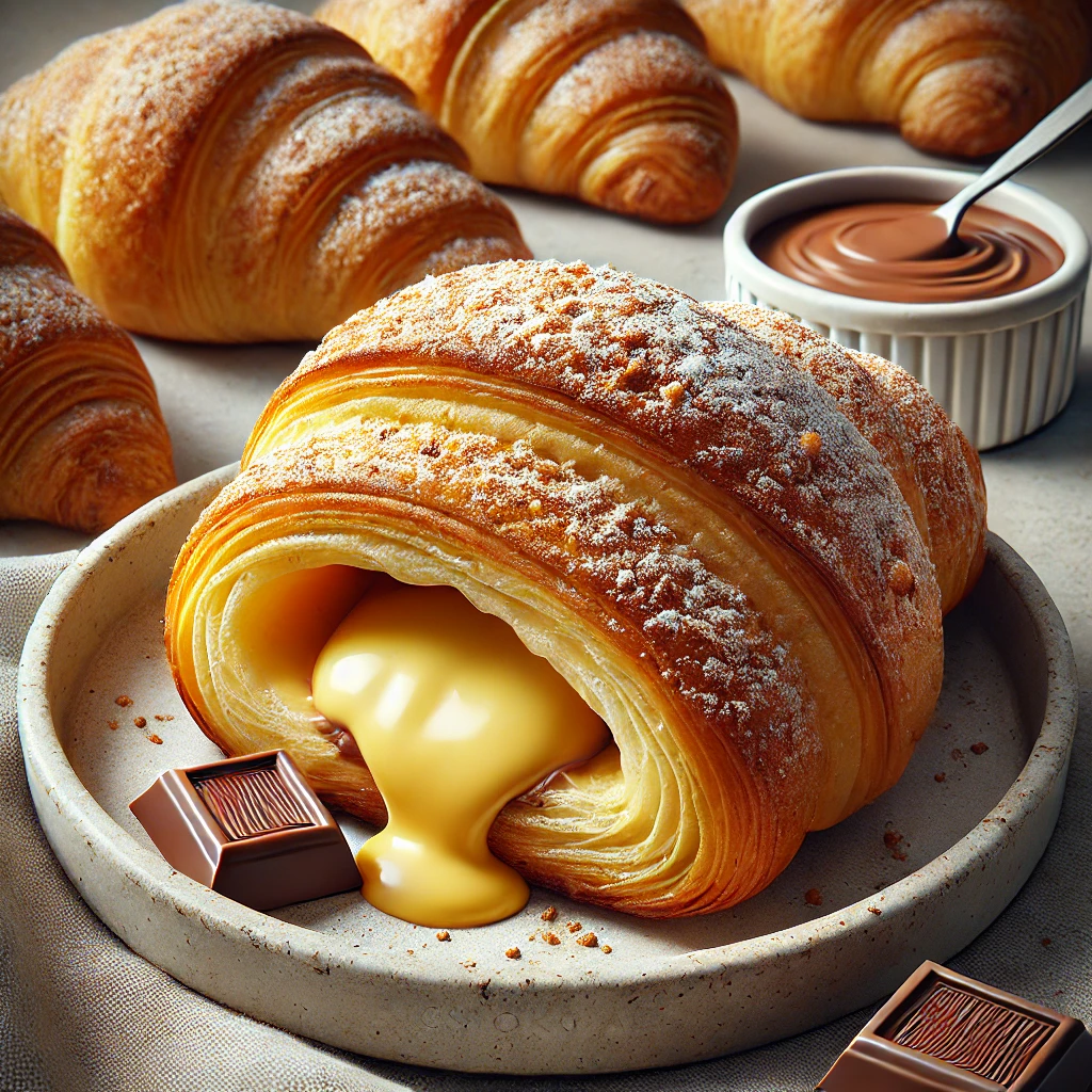 Frissen sült házi tejcsokoládés croissant, tökéletes reggelire