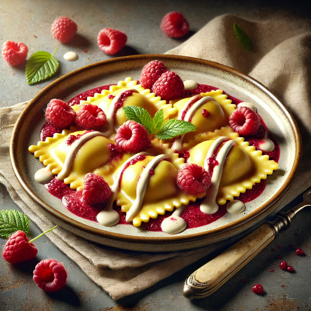 Krémes, gyümölcsös ravioli málnával és fehér csokoládéval töltve