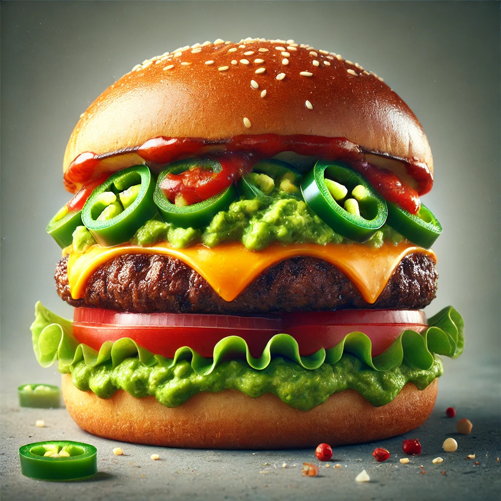 Házi készítésű, guacamoléval és jalapeñóval ízesített mexikói stílusú hamburger