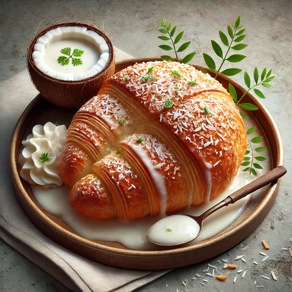 Gazdag kókusztejjel és kókuszreszelékkel ízesített, aranybarna croissant