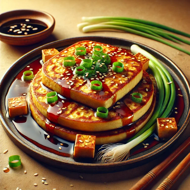 Tofu pancake szójaszósszal és szezámmaggal tálalva