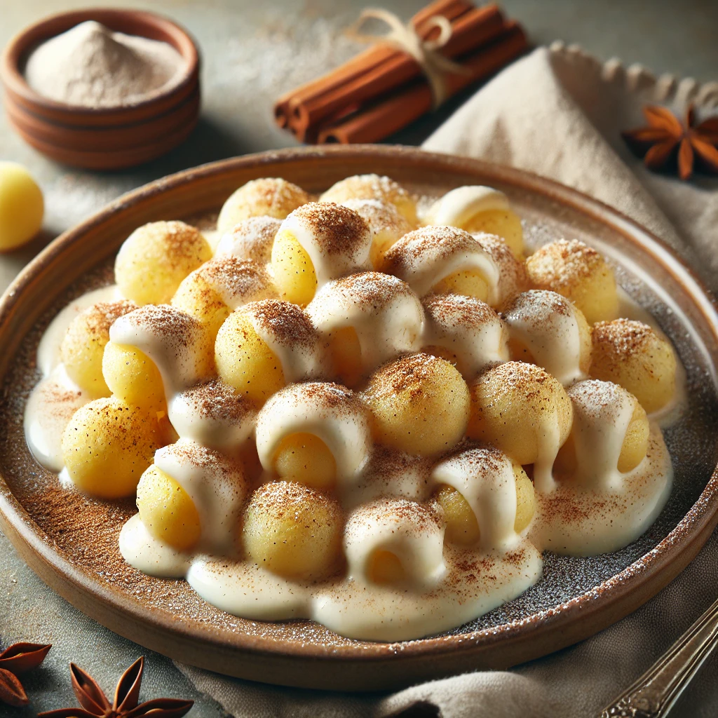 Édes gnocchi recept tojáslikőrös-fehércsokoládés mártással és fahéjjal