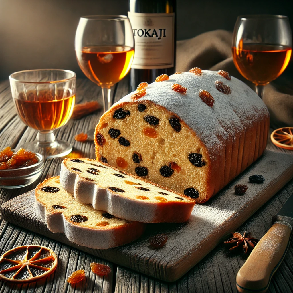 Házi készítésű stollen tokaji borral és vaníliával ízesítve, mazsolával és kandírozott gyümölccsel