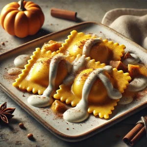 Krémes, fűszeres sütőtökös ravioli fehér csokoládéval