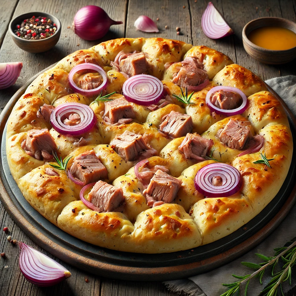 Friss tonhalas és lilahagymás focaccia ínycsiklandó falatokkal
