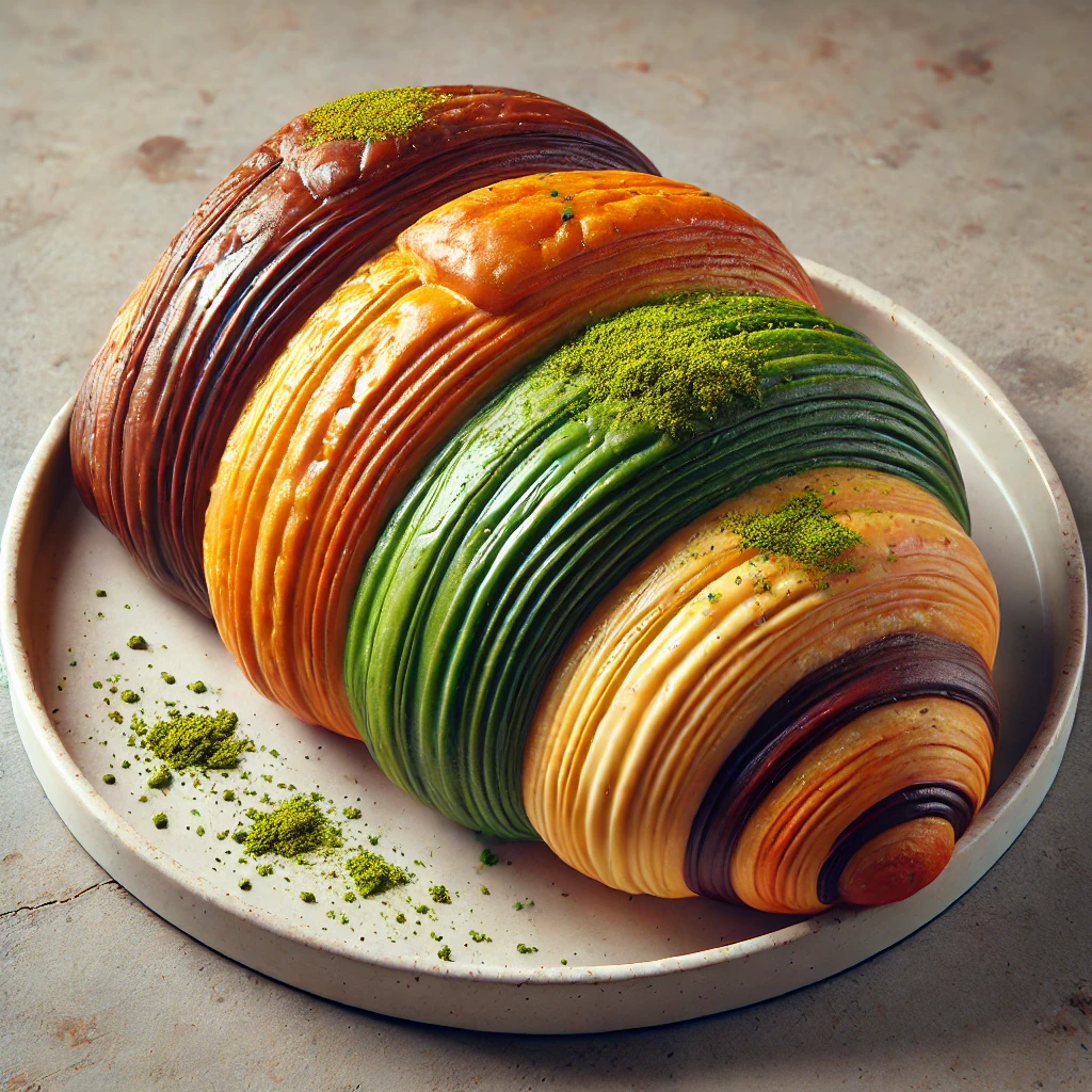 Kakaós, matchás és világos tésztából készült, aranybarna croissant