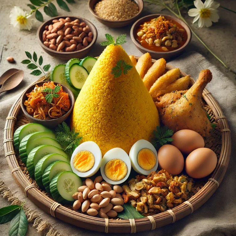 Tumpeng tálalva pirított csirkével és földimogyoróval
