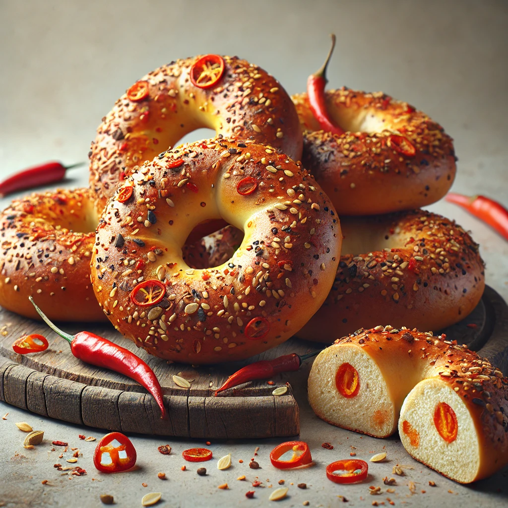 Pikáns, csípős bagel chili pehellyel megszórva