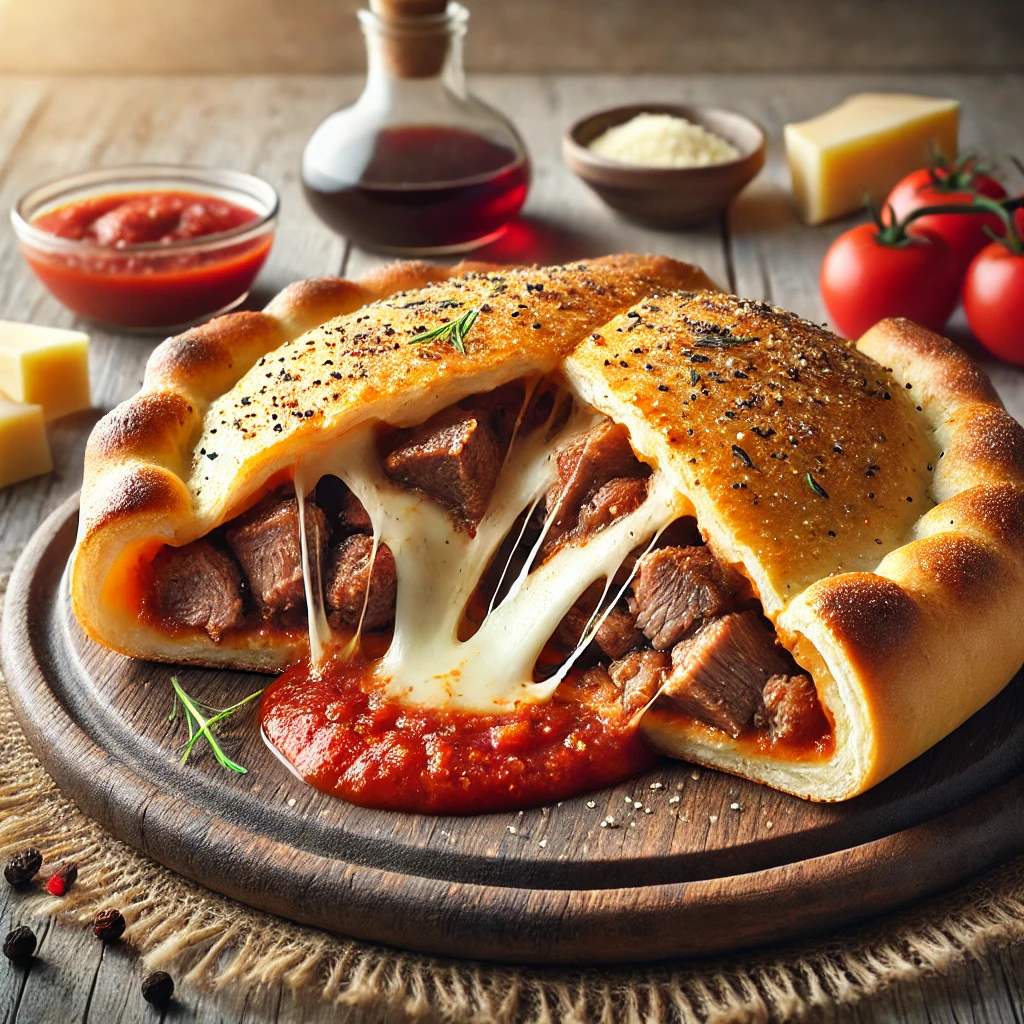 Ropogós calzone szaftos vadhússal, vörösboros szósszal és sajttal töltve