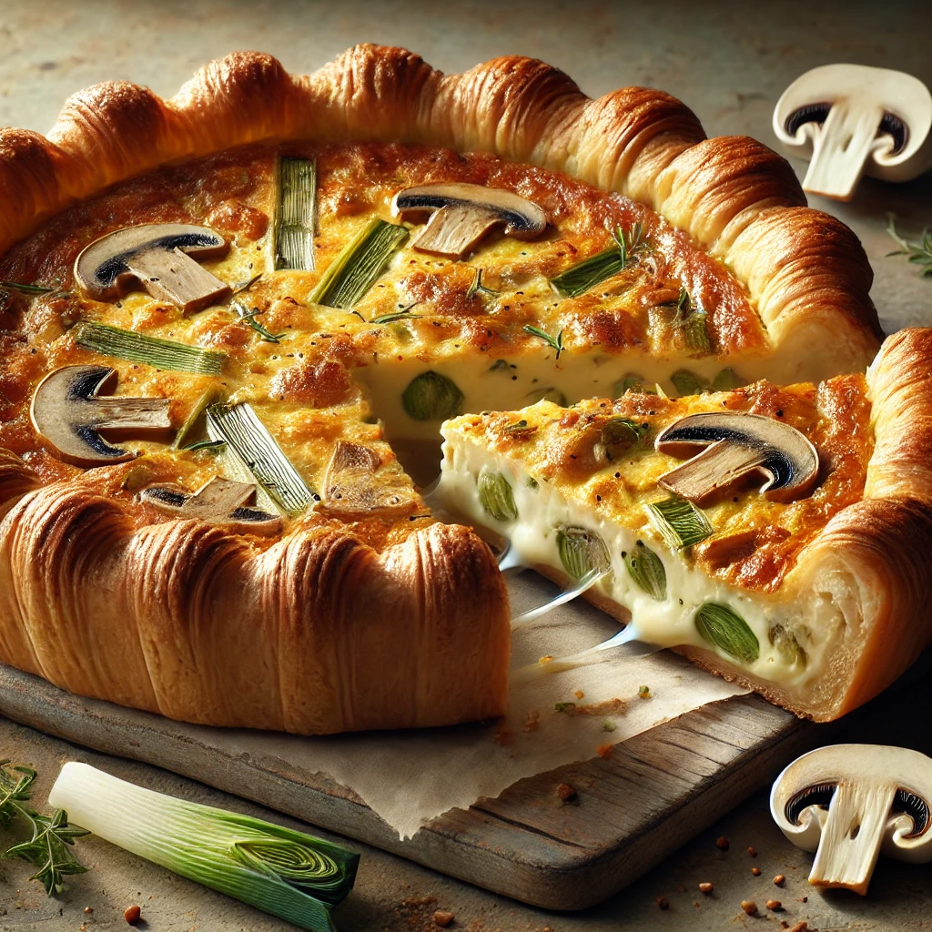 Gombával, póréhagymával és sajttal töltött quiche