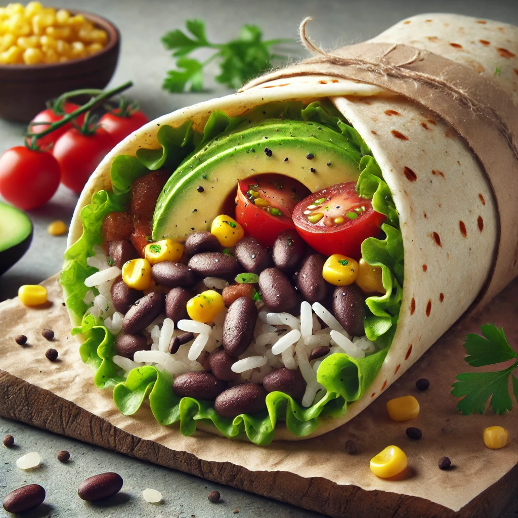 Mexikói stílusú vegán burrito friss zöldségekkel
