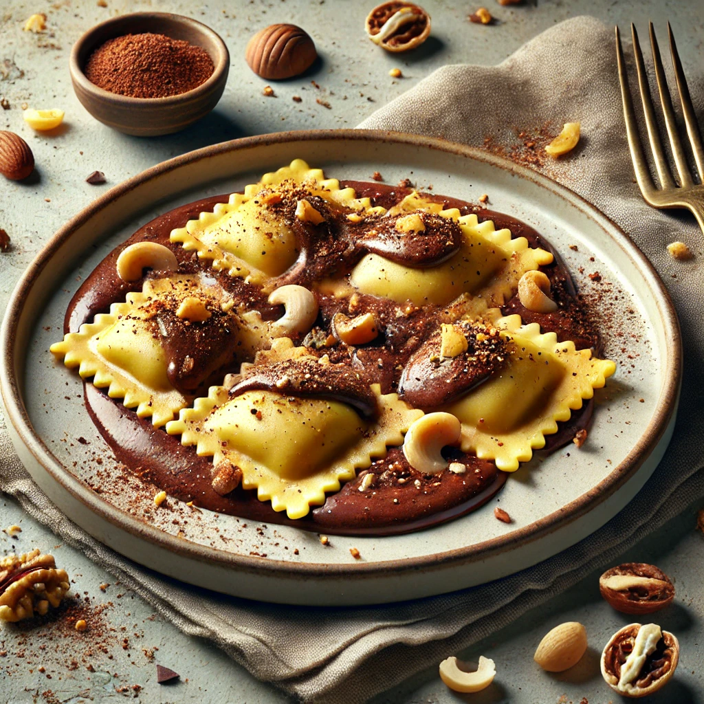 Növényi alapú csokoládés ravioli kókusztejszínnel és mandulával