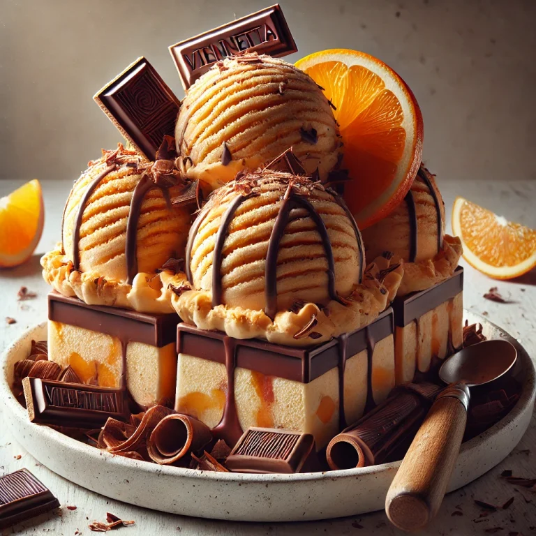 Viennetta Orange Chocolate fagylalt narancsos rétegekkel és ropogós csokoládéval tálalva