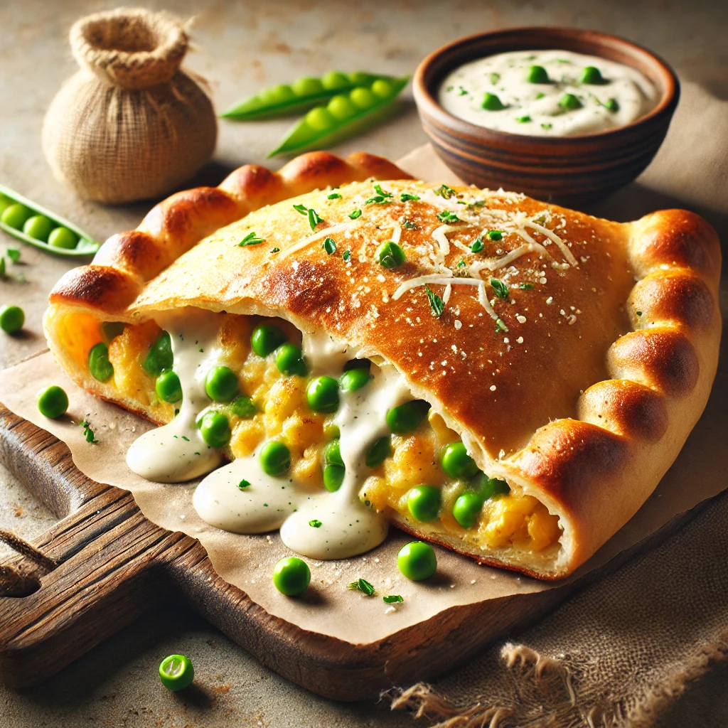 Ropogós calzone zöldborsóval, tejföllel és sajttal töltve
