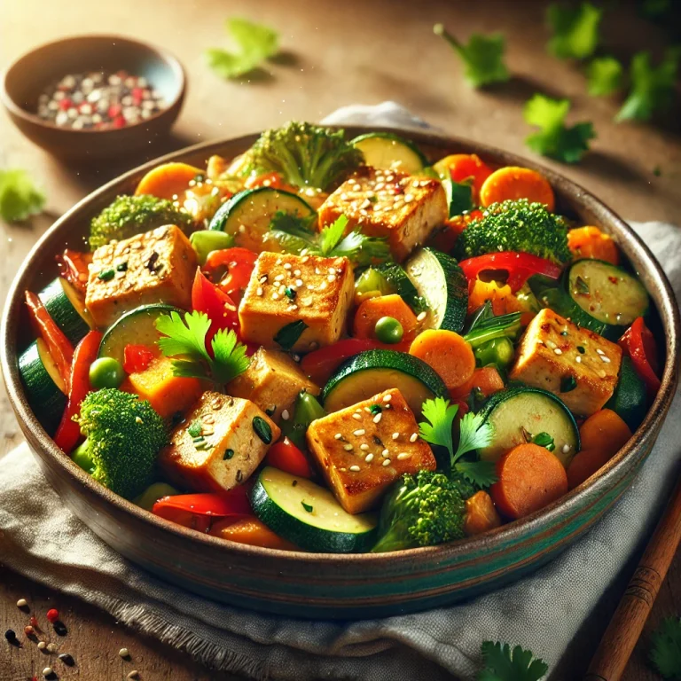 Pirított tofu zöldségekkel, szójaszósszal és szezámmaggal megszórva