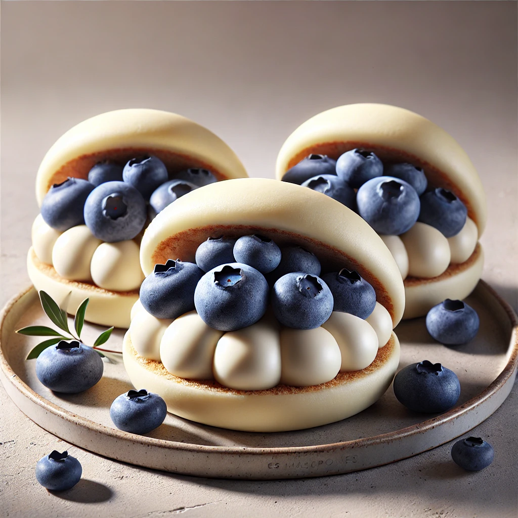 Puha bao bun mascarpone krémmel és friss áfonyával – könnyű, elegáns keleti édesség