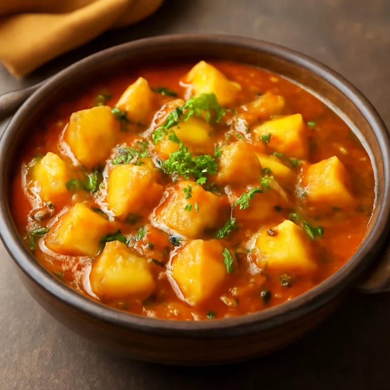 Aloo Tamatar Sabzi tálban, friss korianderrel díszítve