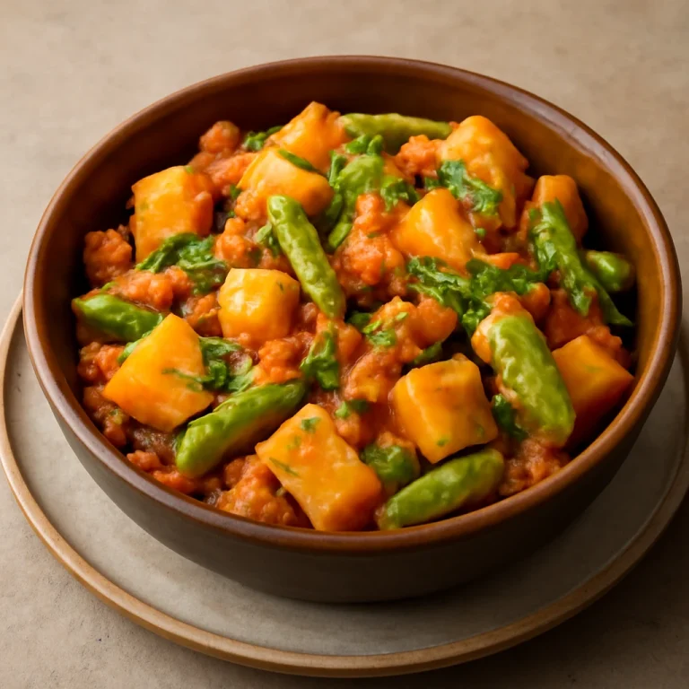 Aloo Tindora Sabzi tálban, friss korianderrel díszítve