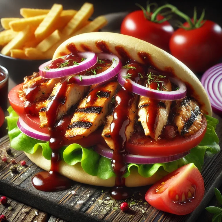 Amerikai stílusú gyros szendvics BBQ szósszal, friss zöldségekkel és sült krumplival