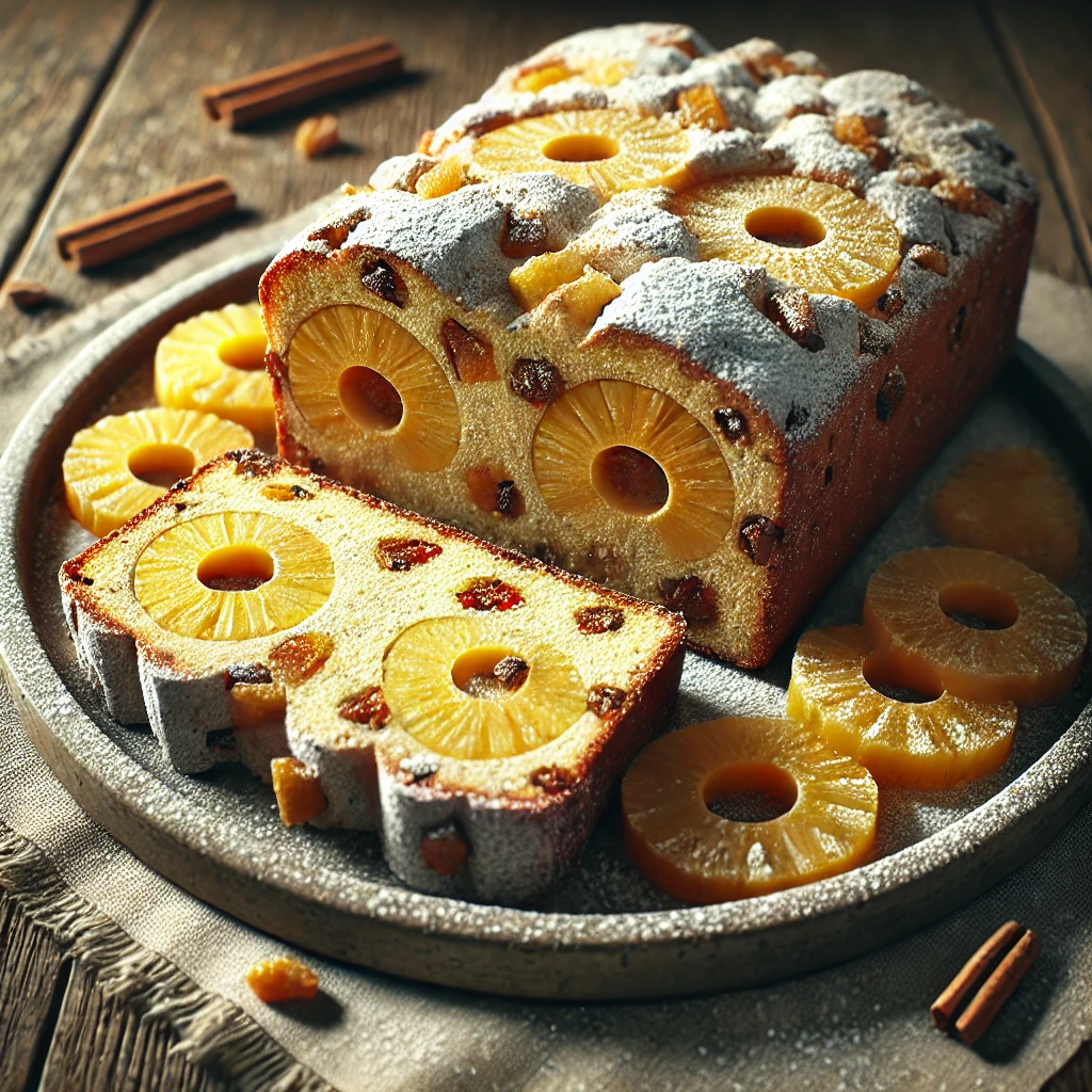 Porcukorral szórt gyümölcsös stollen szeletek