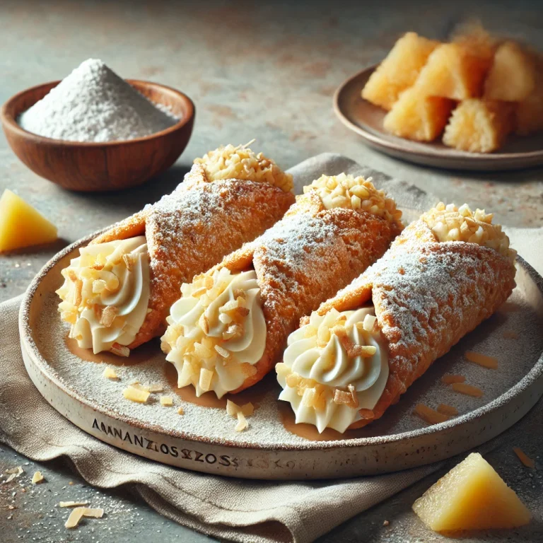 Ananászos-kókuszos cannoli desszert tálalva