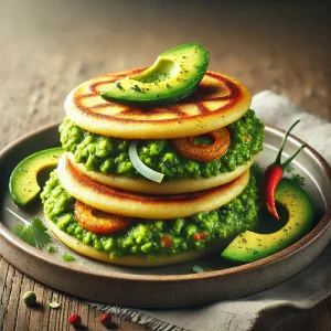 Friss Arepa avokádóval és guasacaca szósszal tálalva