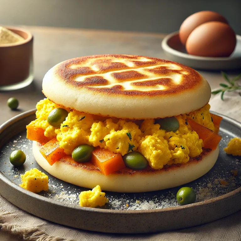 Arepa con Perico koreai stílusú étel tálalva