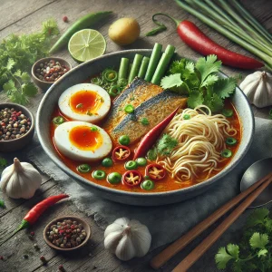 Savanykás laksa, tészta és halhús, ropogós zöldségekkel tálalva