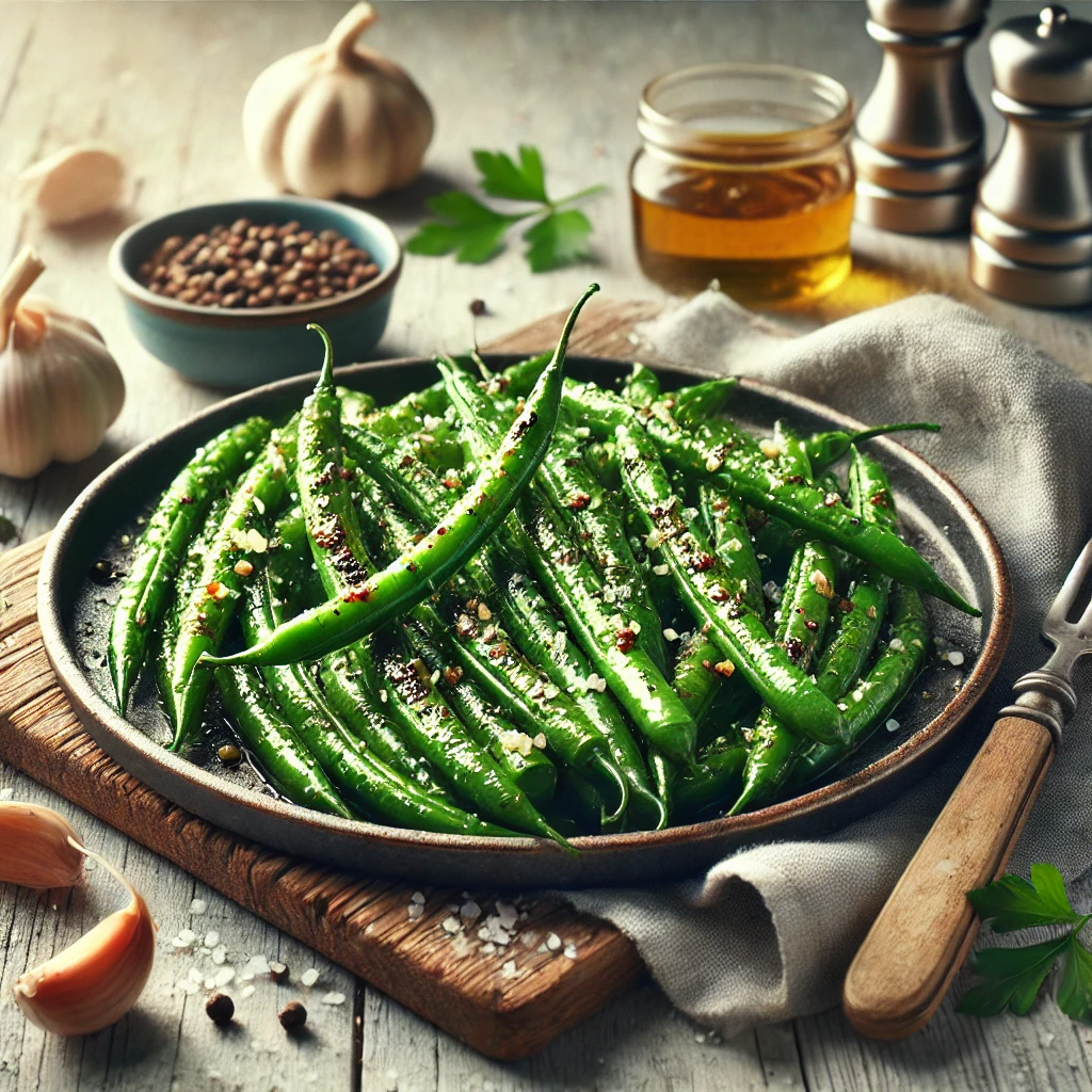 Friss, grillezett zöldbab fűszeres fokhagymás olajjal