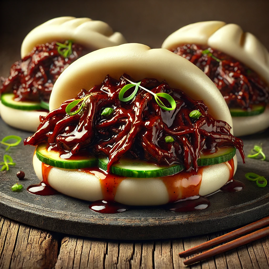 Gőzölt bao puha BBQ marhahússal, friss uborkával és újhagymával