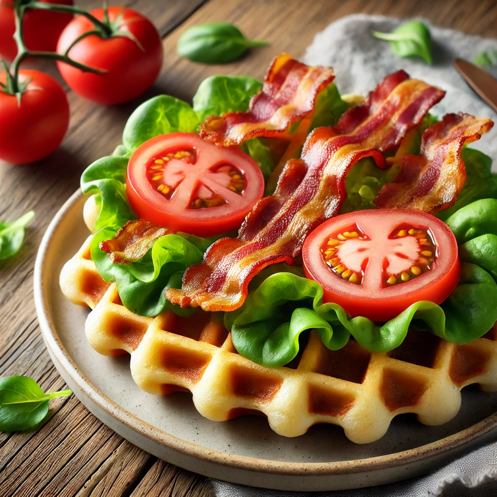 Sós gofri sült baconnel, paradicsomszeletekkel és salátával