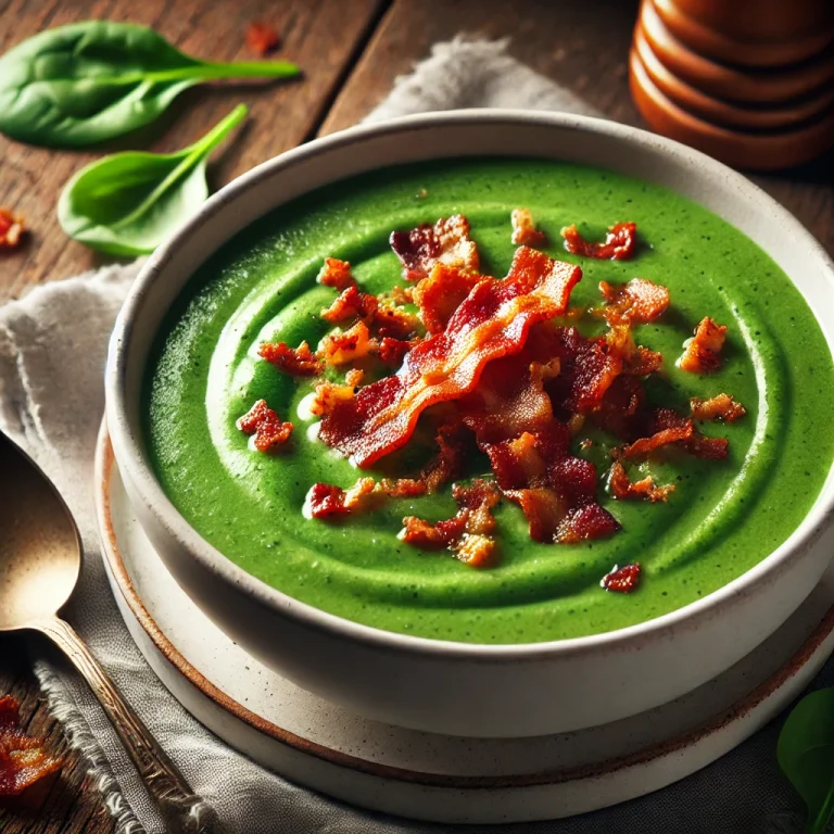 Baconös spenótkrémleves tálalva