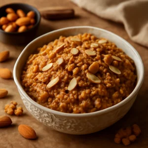 Indiai édesség Badam ka Halwa készítése pörkölt dióval és rózsavízzel