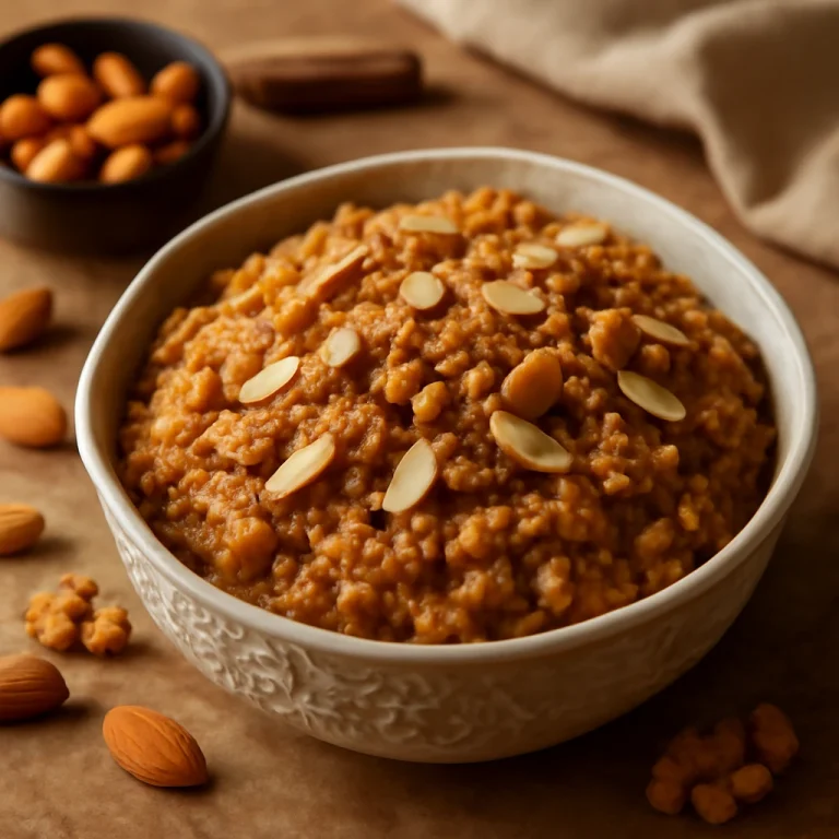 Badam ka Halwa gazdag mandulás ízekkel, pörkölt dióval és rózsavízzel.