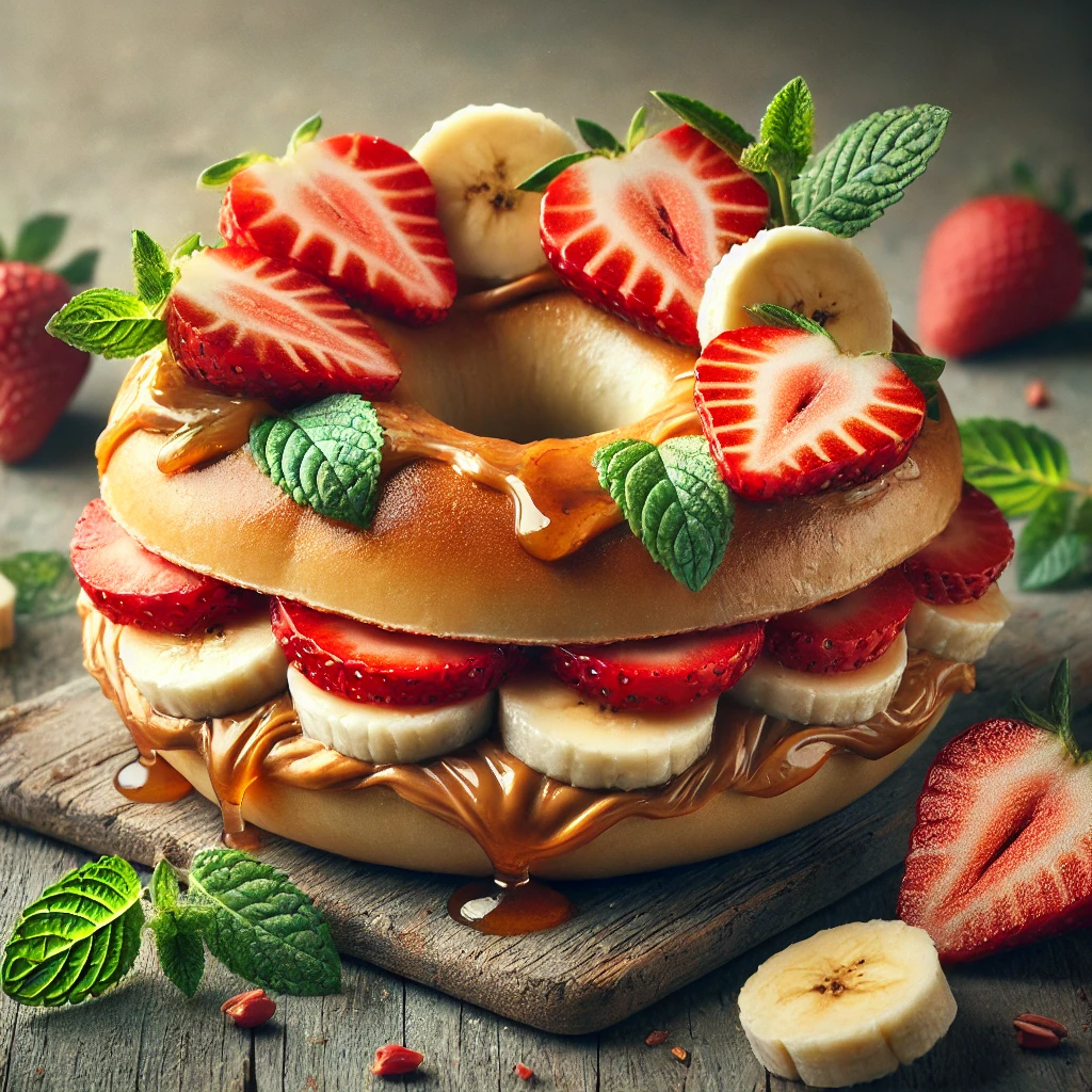 Friss és finom édes bagel mogyoróvajjal és gyümölcsökkel