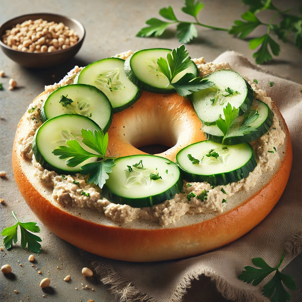 Friss és finom bagel hummusszal és uborkával