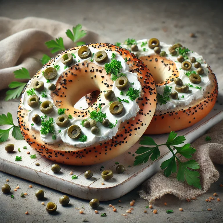 Bagel kapribogyóval és krémsajttal, friss petrezselyemmel díszítve