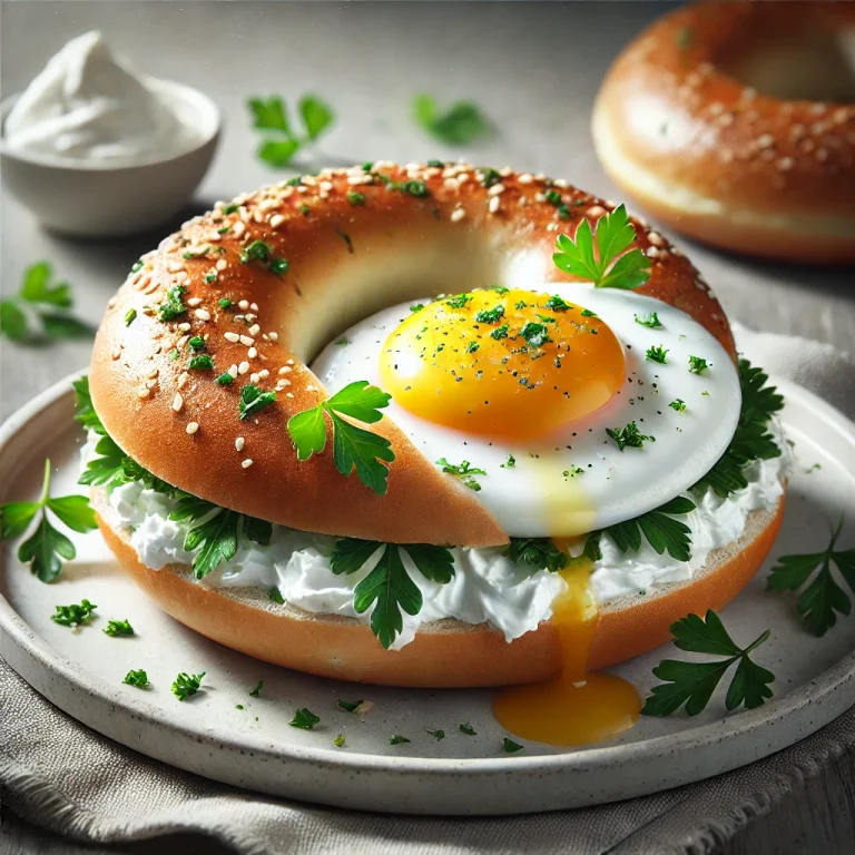 Bagel tojással, krémsajttal és friss petrezselyemmel díszítve