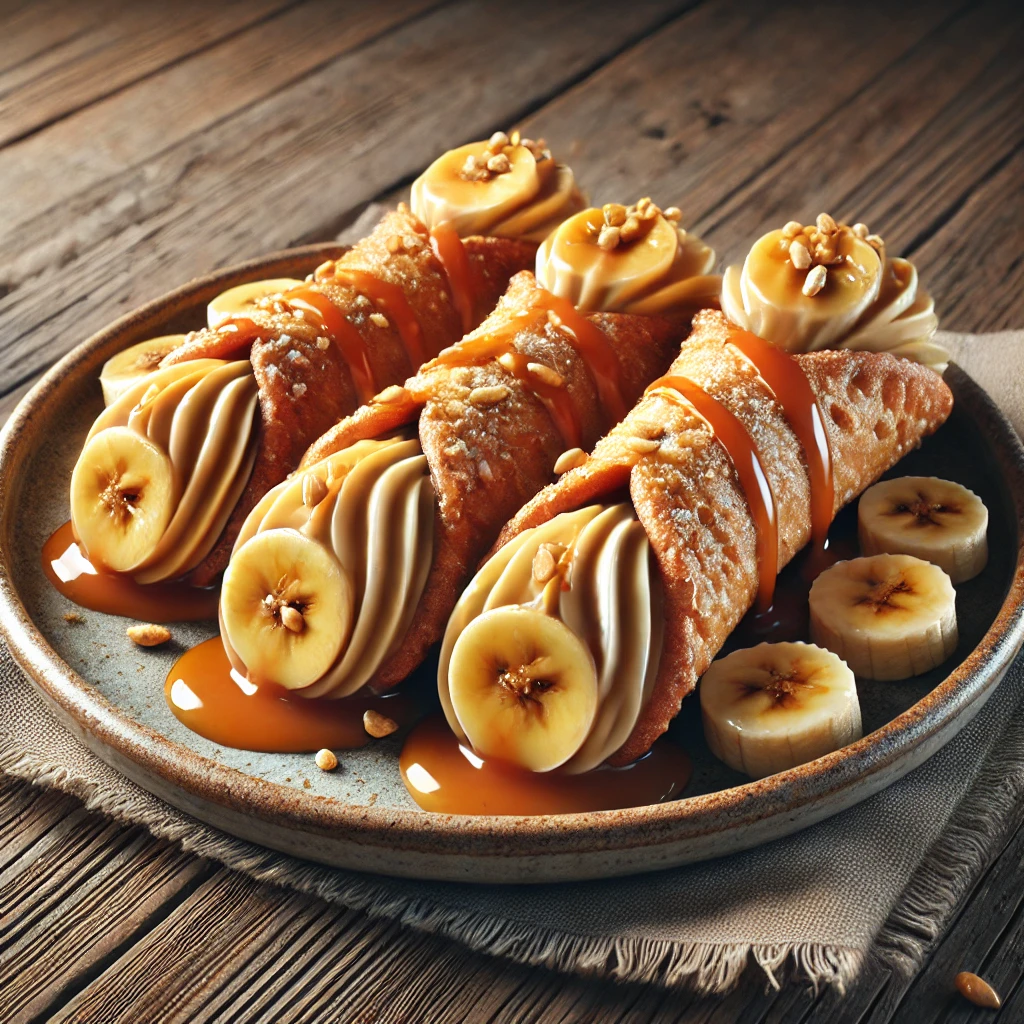 Édes banánnal és krémes karamellel töltött cannoli desszert