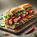 Bánh Mì Chả Lụa vietnámi kolbászos szendvics friss zöldségekkel és korianderrel tálalva.