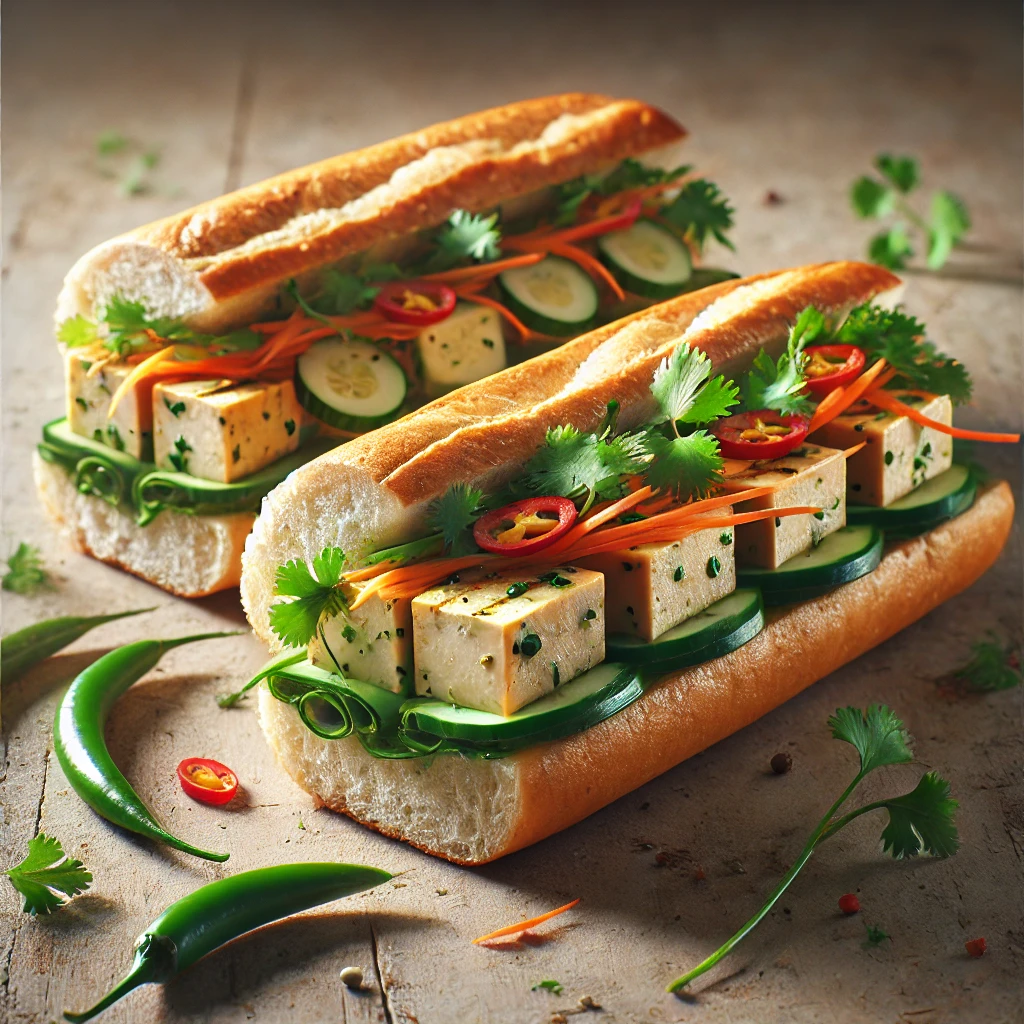 Vegetáriánus bánh mì szendvics, ropogós bagettben tálalva