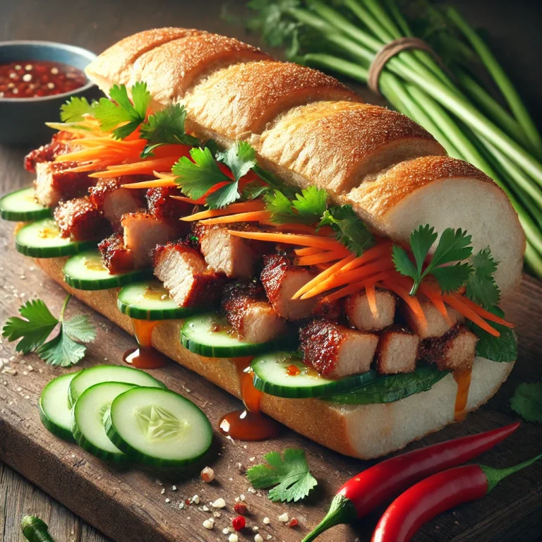Bánh Mì Xá Xíu kínai BBQ sertéshússal tálalva, friss zöldségekkel és korianderrel.