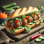 Bánh Mì Xíu Mại húsgombócos szendvics friss zöldségekkel és korianderrel tálalva.